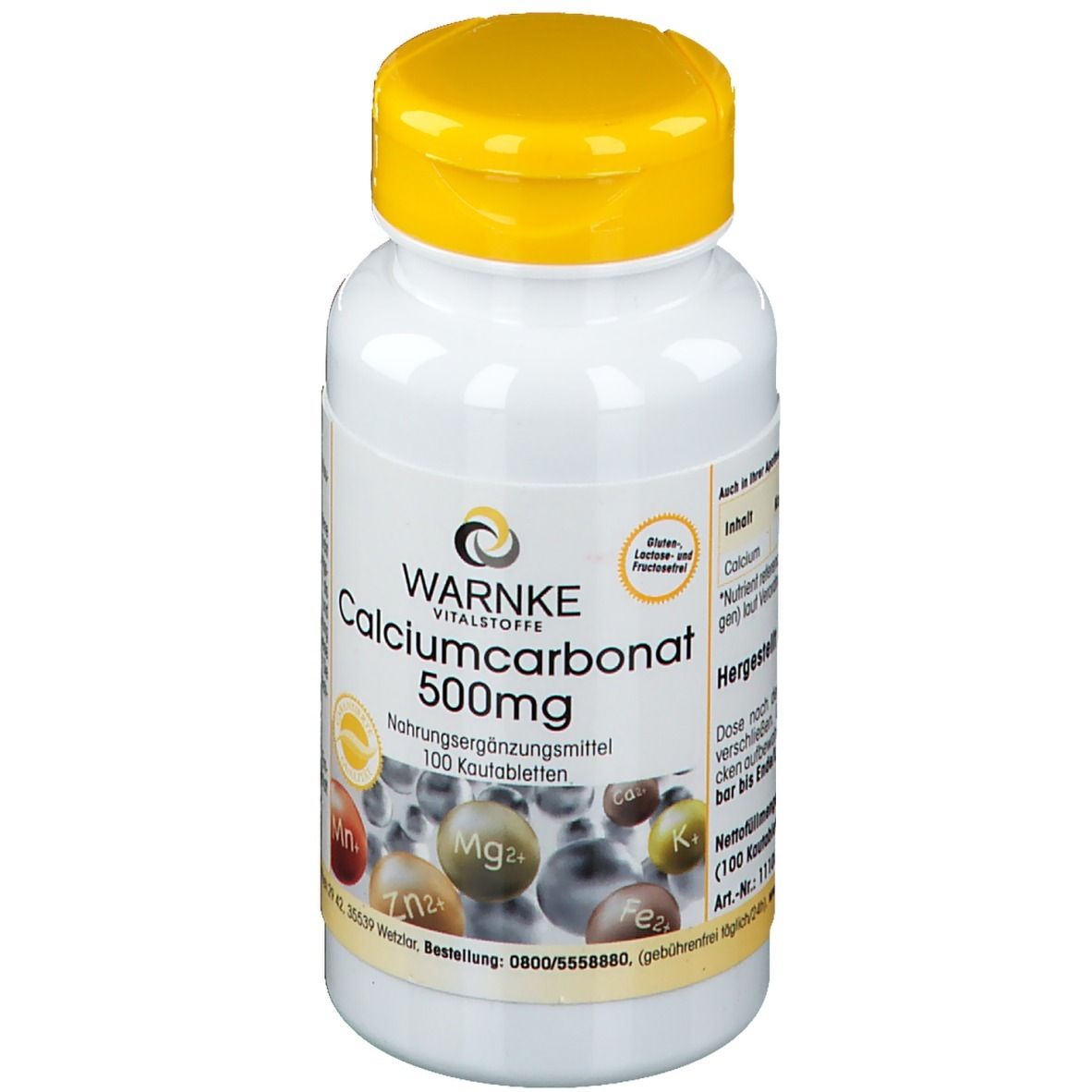 Flacone bianco con tappo giallo. Scritta: WARNKE Calciumcarbonat 500mg. Integratore alimentare. 100 compresse masticabili.