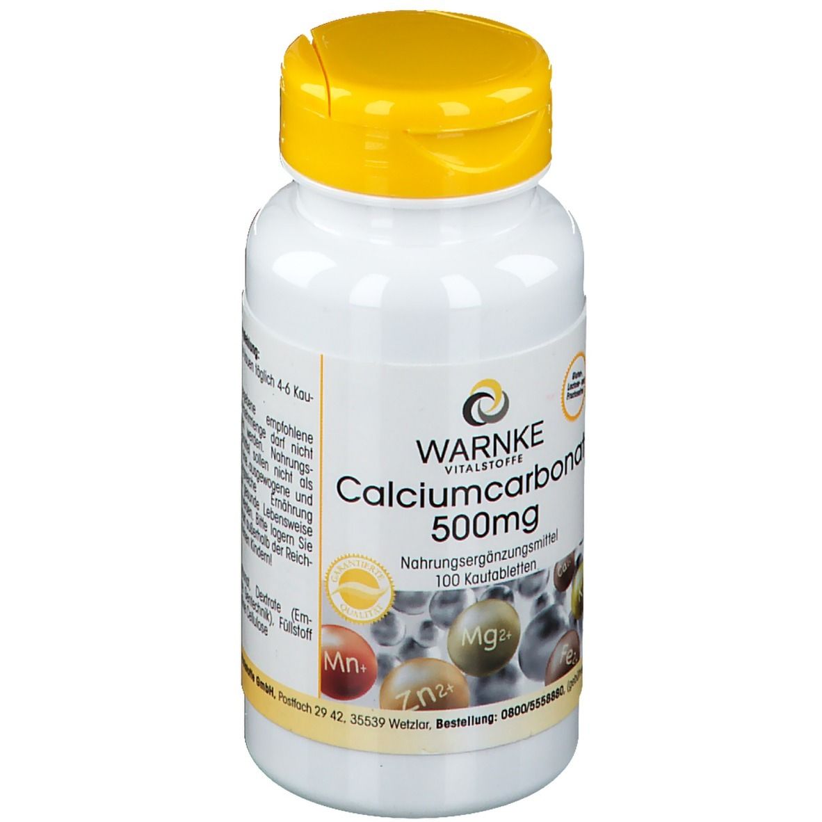 Flacone bianco con tappo giallo. Scritta: WARNKE Calciumcarbonat 500mg. Integratore alimentare. 100 compresse masticabili.