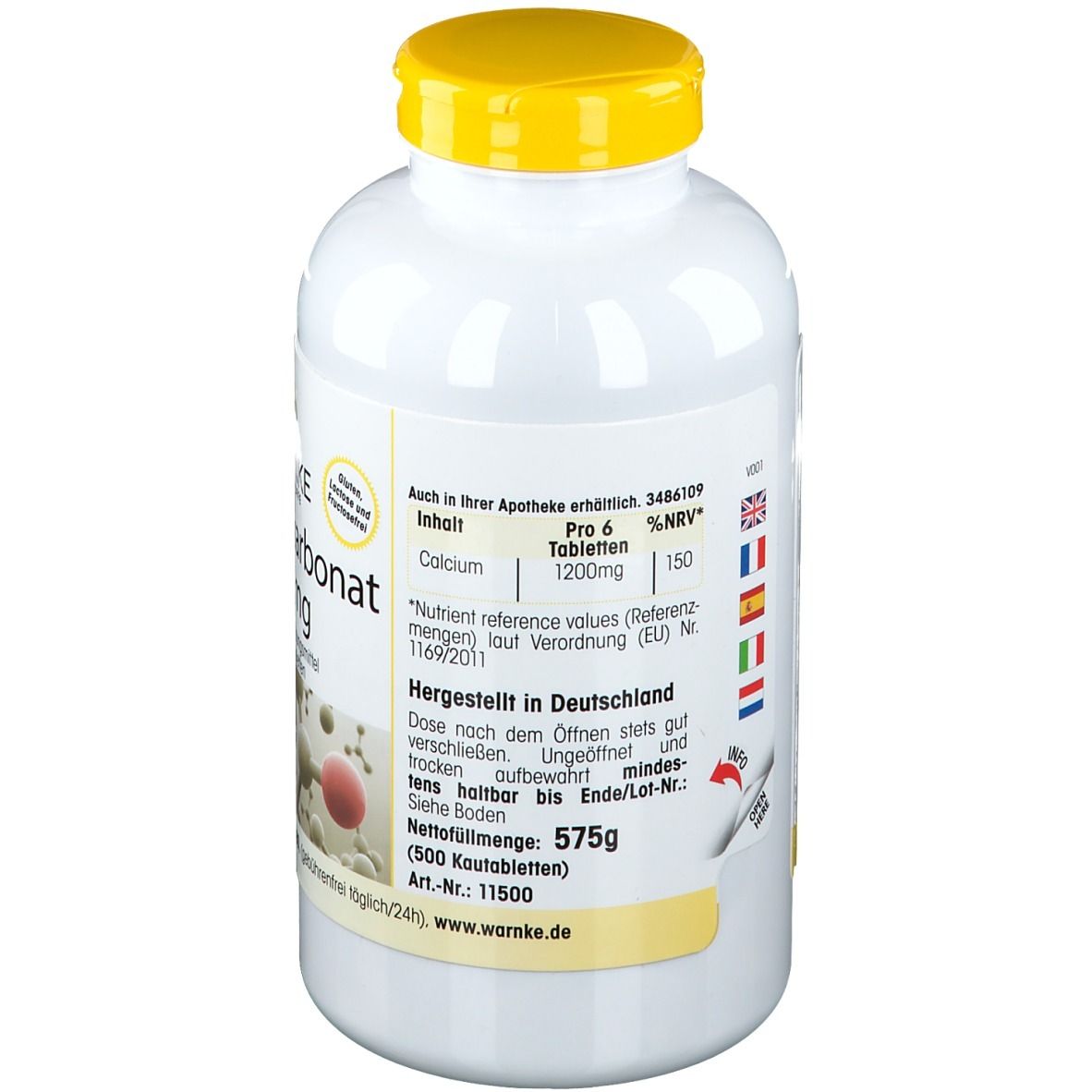 Retro del flacone bianco con tappo giallo. Contiene informazioni sugli ingredienti e i valori nutrizionali. Prodotto in Germania.