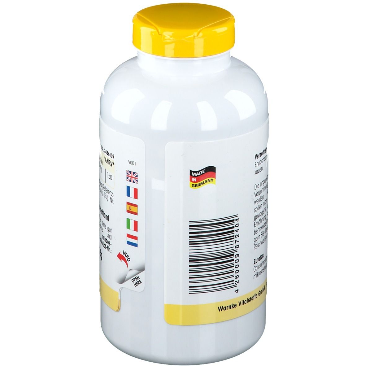 Retro del flacone bianco con tappo giallo. Codice a barre e scritta: Made in Germany. Bandiere multilingue.