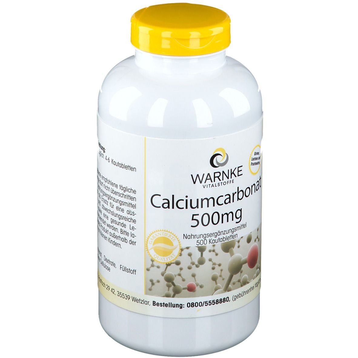 Flacone bianco con tappo giallo. Scritta: Calciumcarbonat 500mg, Warnke Vitalstoffe. Contiene 500 compresse masticabili. Indirizzo del produttore.