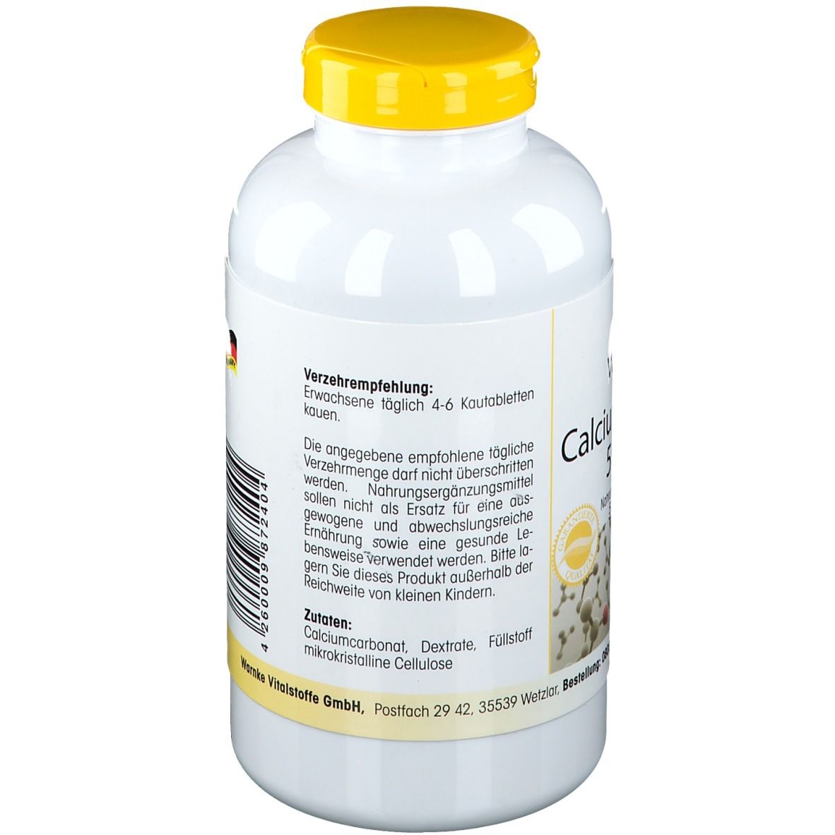 Retro del flacone bianco con tappo giallo. Informazioni sul dosaggio e sugli ingredienti. Indirizzo del produttore.
