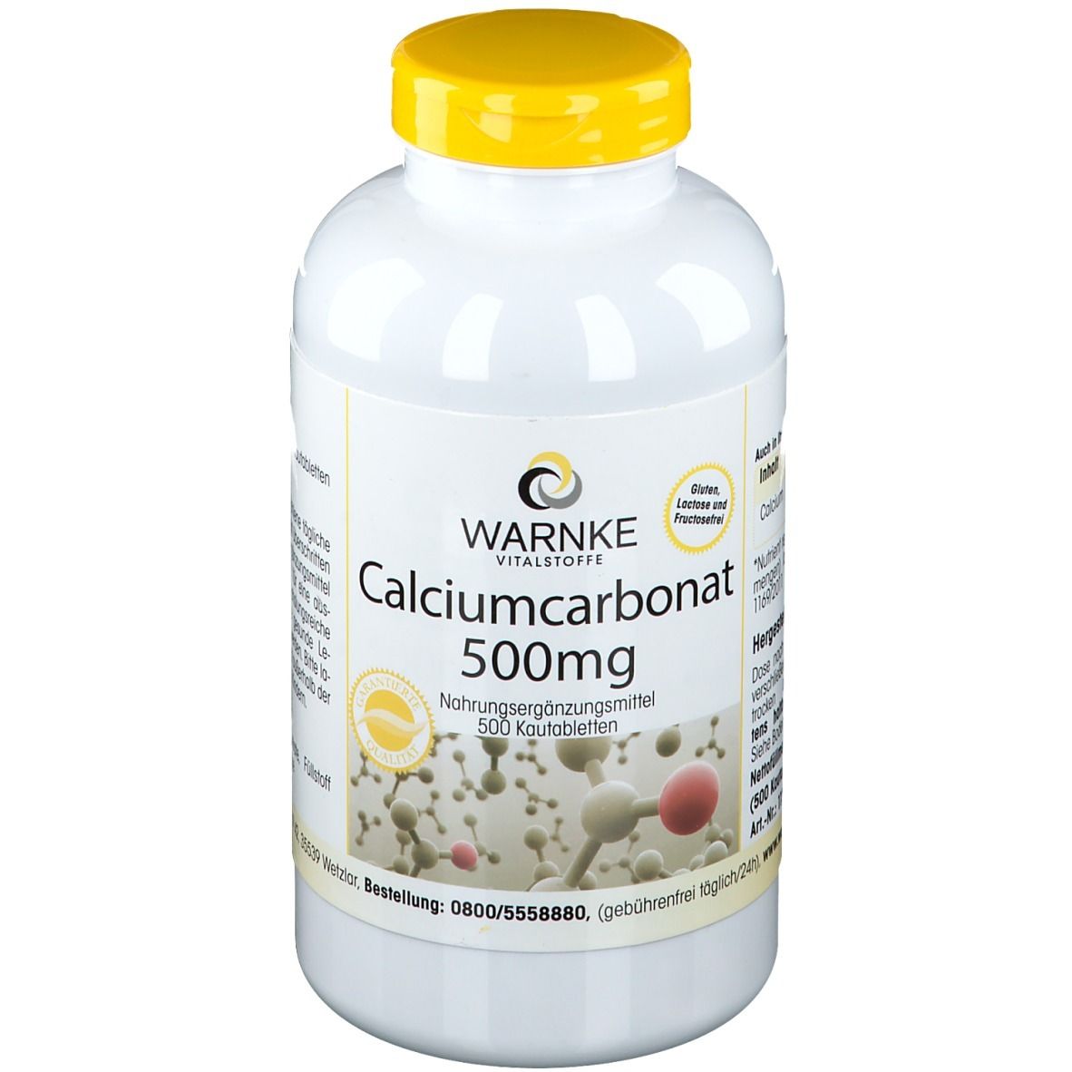 Flacone bianco con tappo giallo. Scritta: Calciumcarbonat 500mg, Warnke Vitalstoffe. Contiene 500 compresse masticabili.
