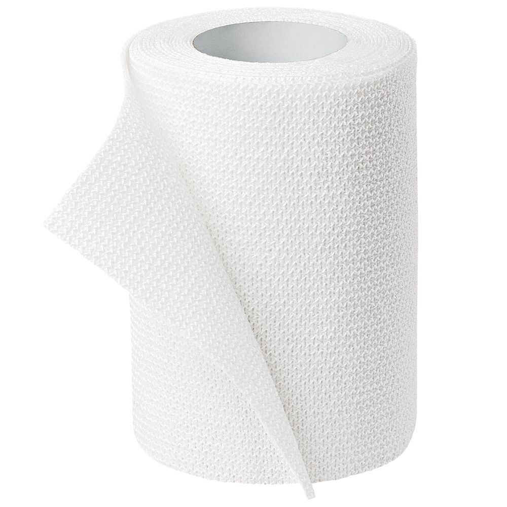 Rotolo di benda coesiva Idealast-haft bianca. Struttura tessuta visibile. Parzialmente srotolato.