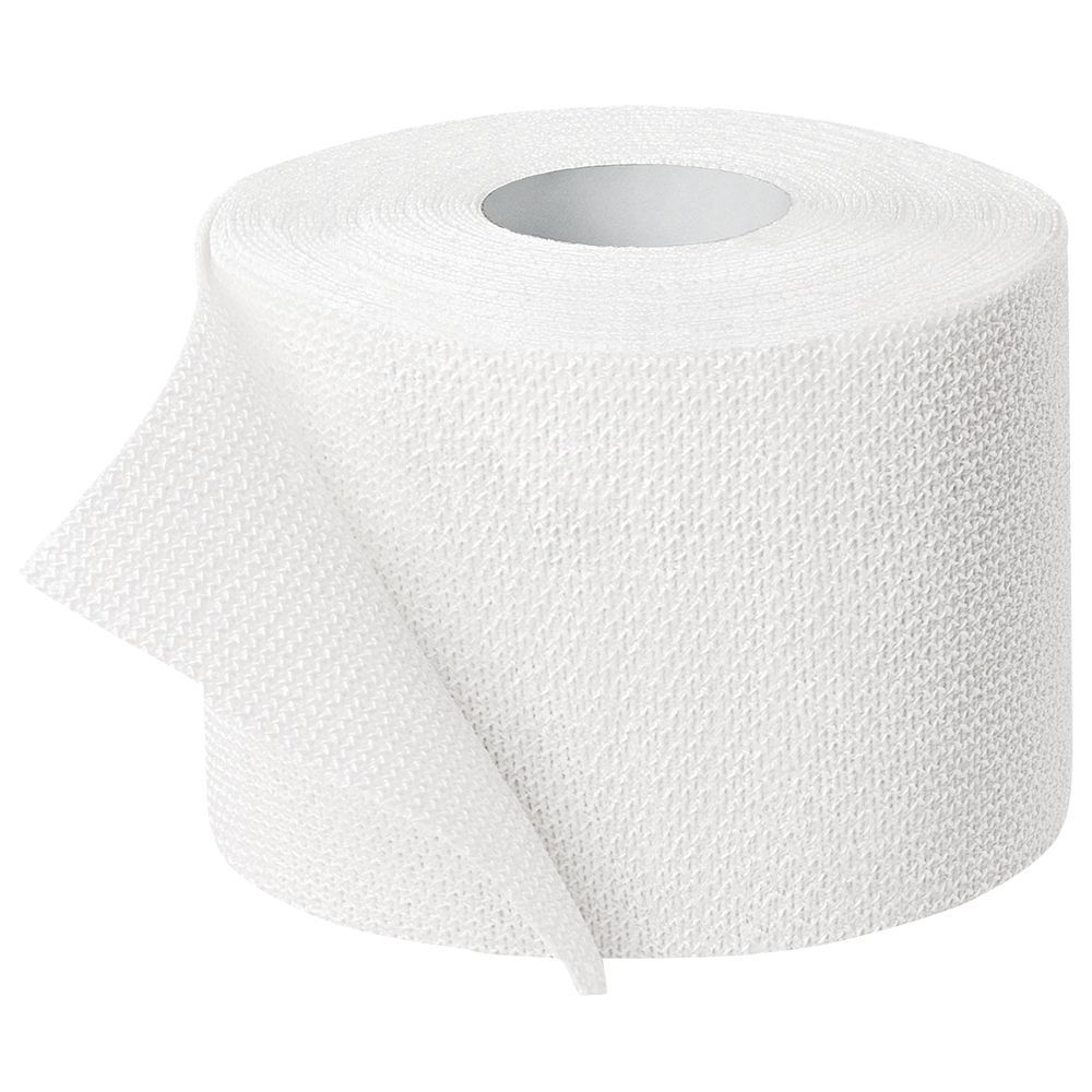 Rotolo di benda bianca. Tessuto a trama, parzialmente srotolato. Prodotto non identificabile.