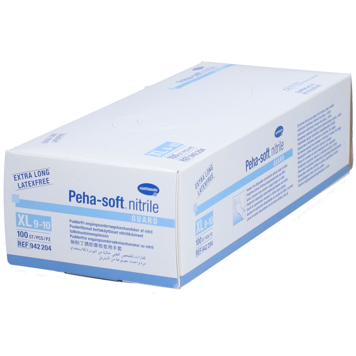 Scatola di guanti PEHA-SOFT nitrile Guard, XL, 100 pezzi. Extra lunghi, senza lattice. Confezione blu e bianca.