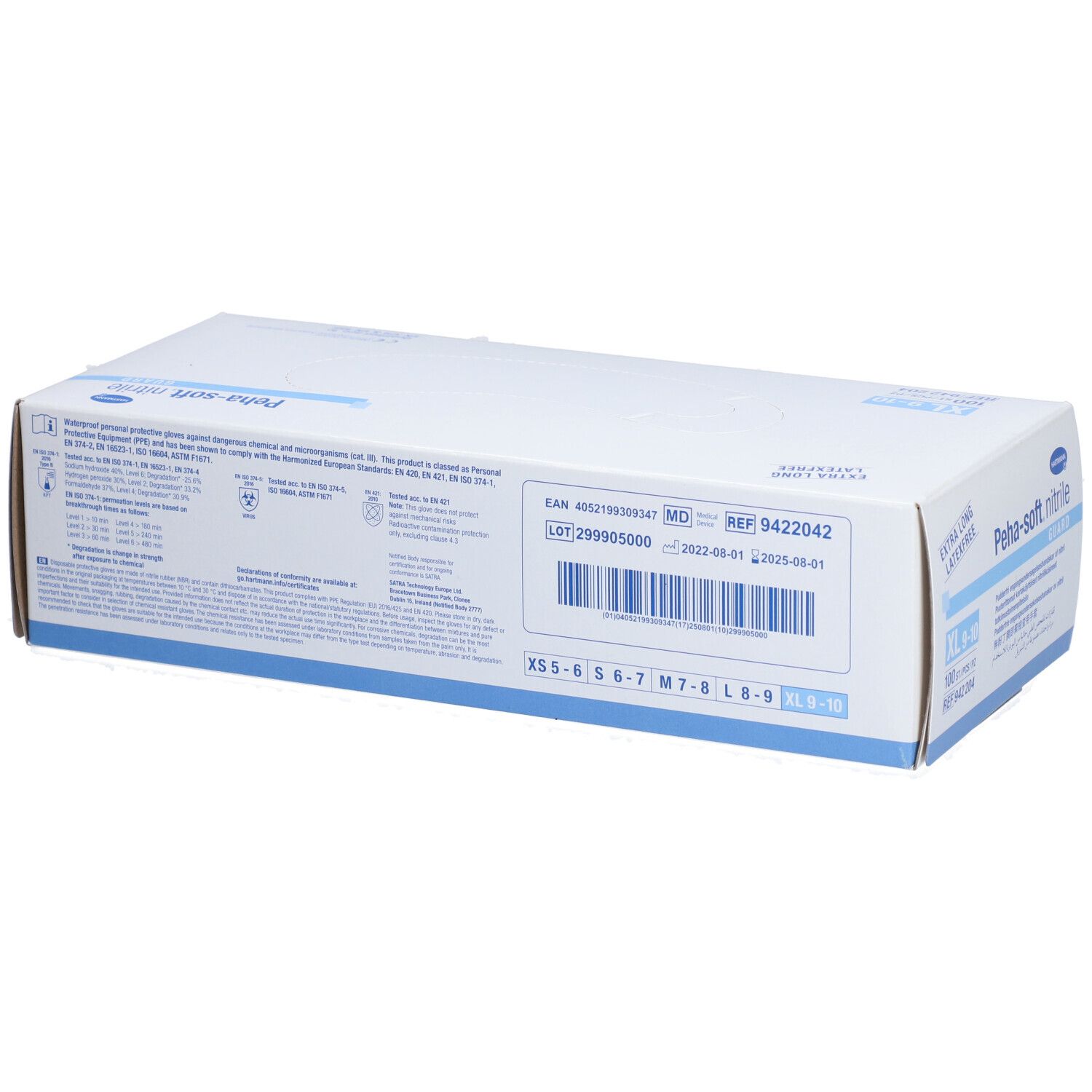 Retro della confezione dei guanti PEHA-SOFT nitrile Guard. Contiene informazioni come il numero di lotto e le taglie.