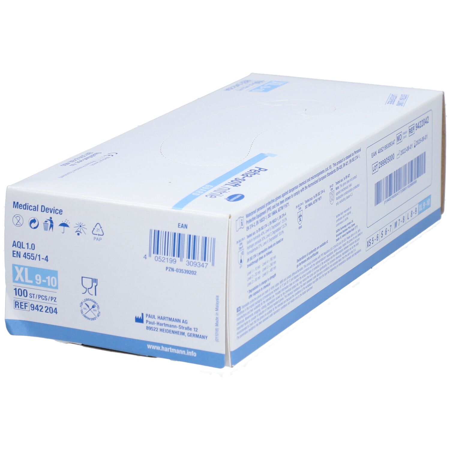 Confezione di guanti PEHA-SOFT nitrile Guard. Contiene informazioni come taglia, numero di lotto e produttore.