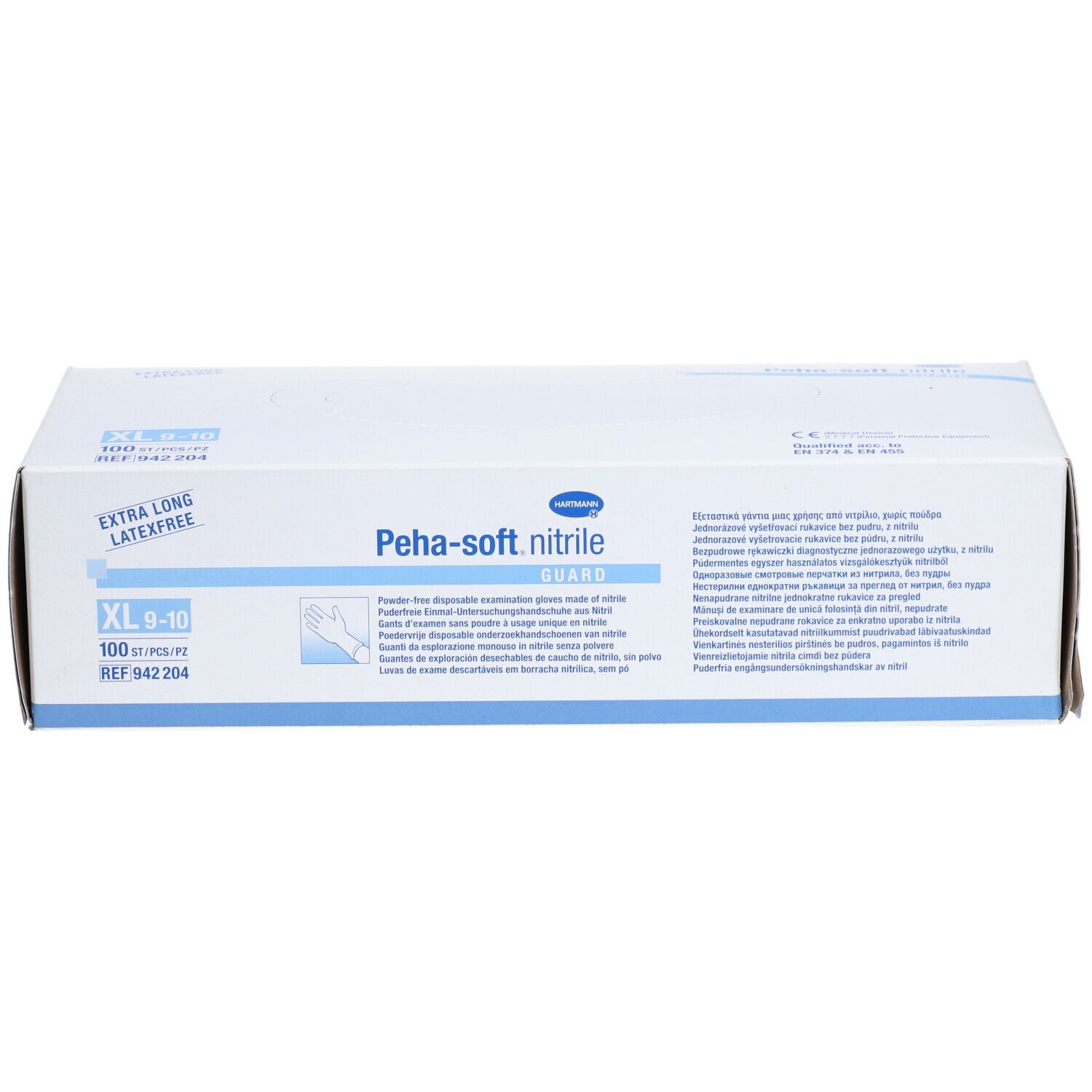 Scatola di guanti PEHA-SOFT nitrile Guard, XL, 100 pezzi. Extra lunghi, senza lattice. Confezione blu e bianca.