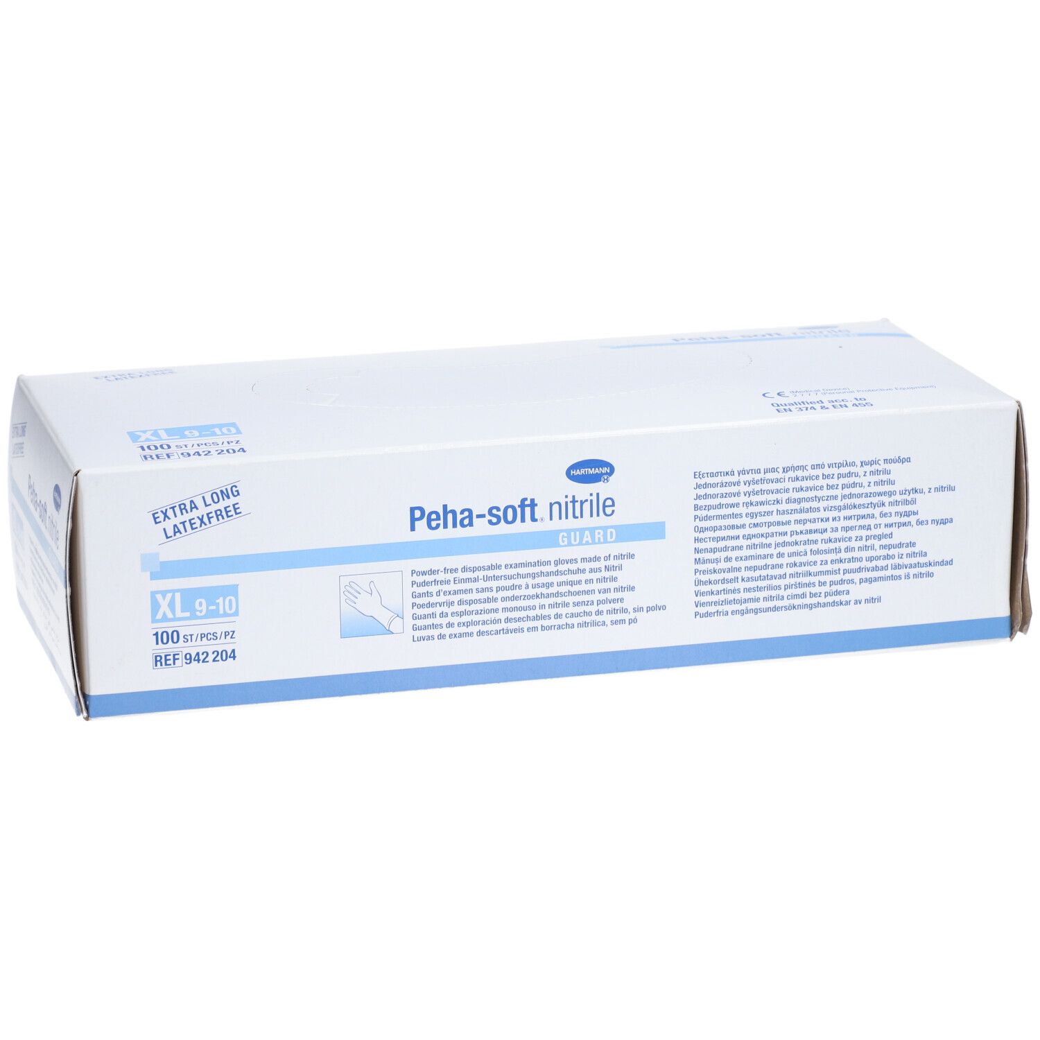 Scatola di guanti PEHA-SOFT nitrile Guard, XL, 100 pezzi. Extra lunghi, senza lattice. Confezione blu e bianca.