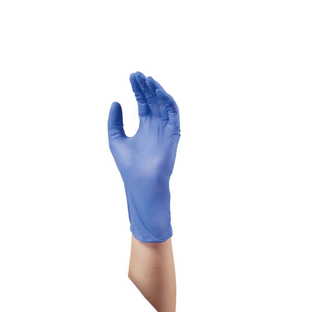 Guanto in nitrile blu, indossato. Mano leggermente sollevata.