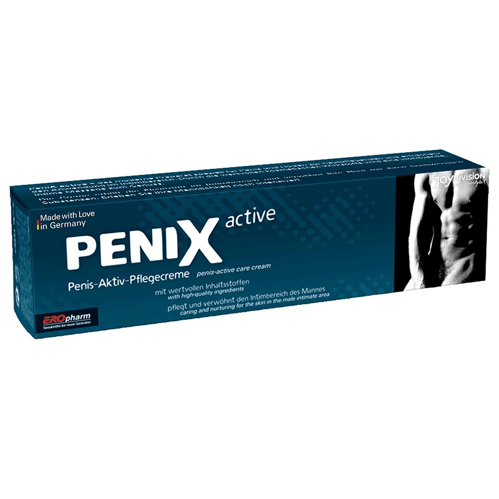 Tubo blu e bianco con scritta PENIX active. Sulla confezione è raffigurato un corpo maschile.