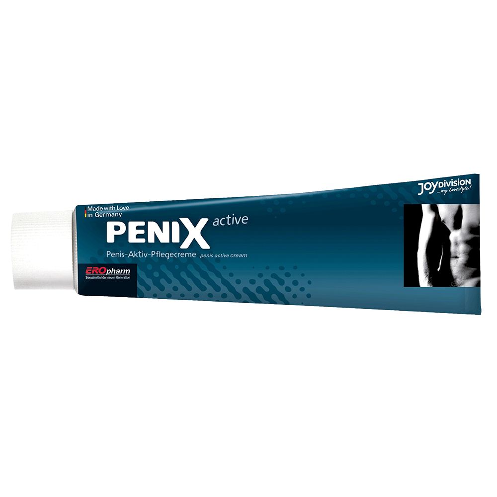 Tubo blu con tappo bianco. Scritta PENIX active. Illustrazione di un corpo maschile.