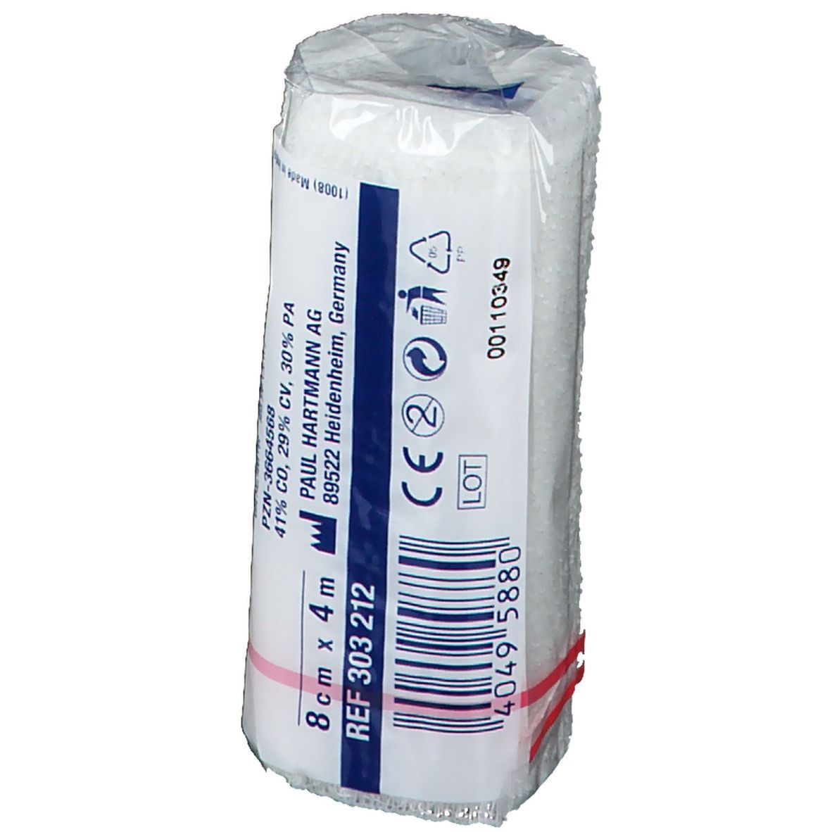 Benda di fissaggio elastica, confezionata. Testo sulla confezione. Anello in gomma rosso. 8 cm x 4 m. Marchio CE.