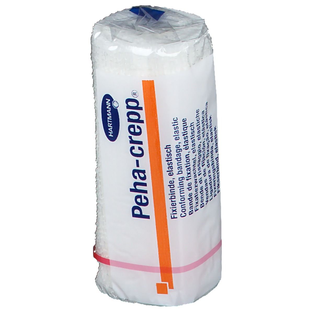Benda di fissaggio elastica, confezionata. Marchio Hartmann Peha-crepp®. Striscia arancione. Anello in gomma rosso.