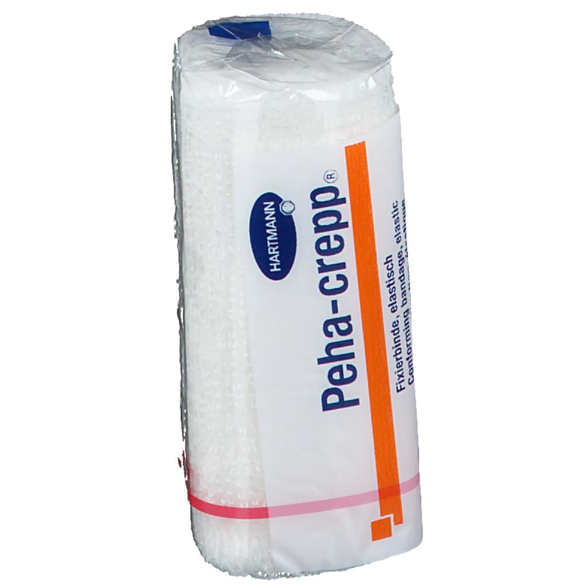 Benda di fissaggio elastica, confezionata. Marchio Hartmann Peha-crepp®. Striscia arancione. Anello in gomma rosso.