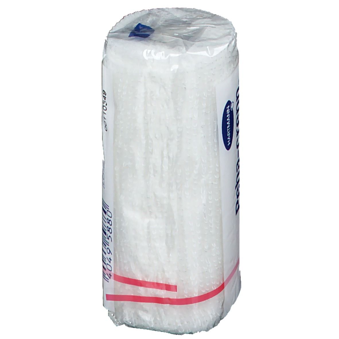 Benda di fissaggio elastica, confezionata. Testo sulla confezione. Anello in gomma rosso.