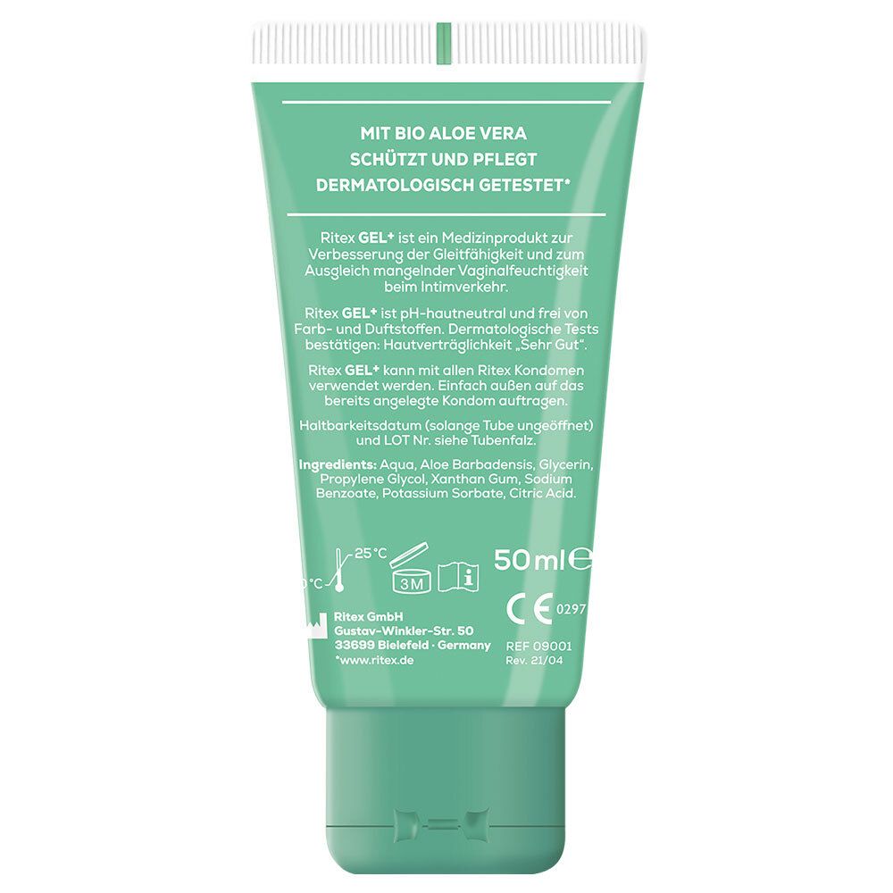 Retro del tubo Ritex GEL+. Testo con ingredienti, durata e certificazioni. 50ml.
