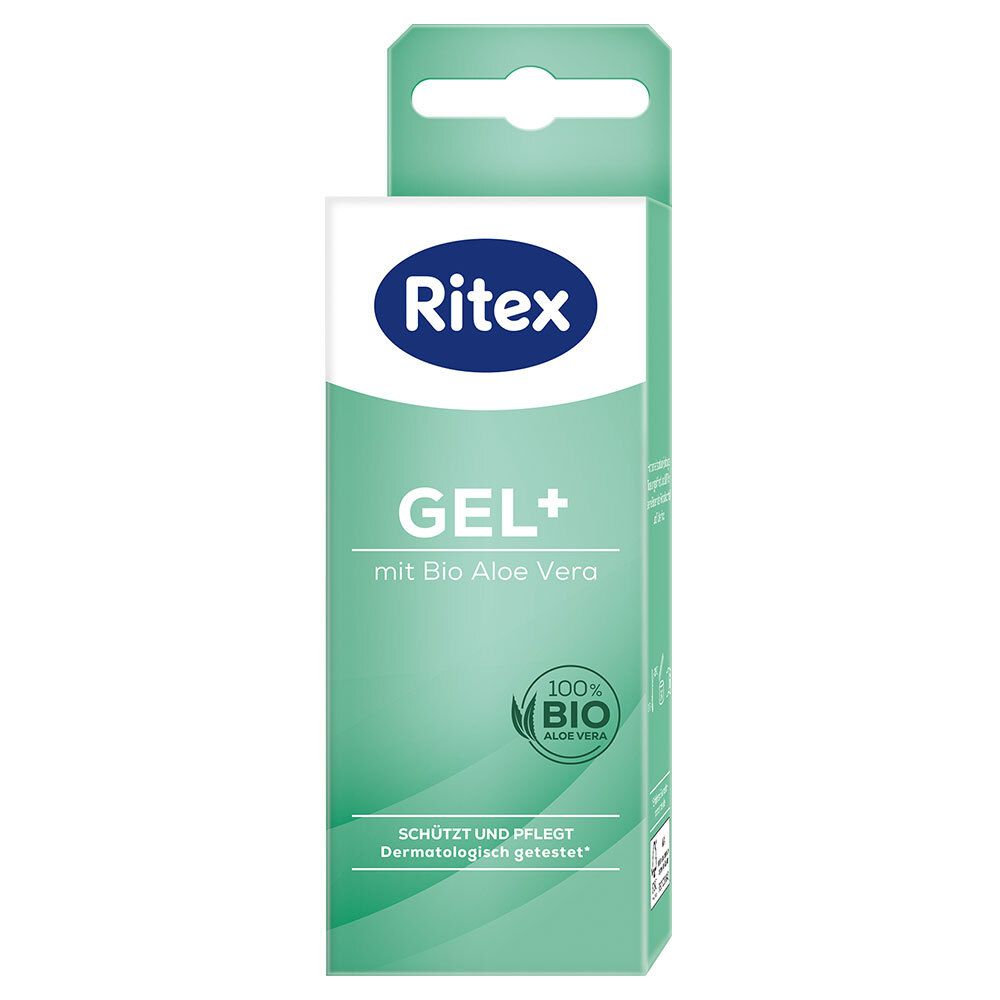 Confezione Ritex GEL+. Verde e bianco, con nome del prodotto e Bio Aloe Vera. Etichetta 100% Bio. Protegge e cura.