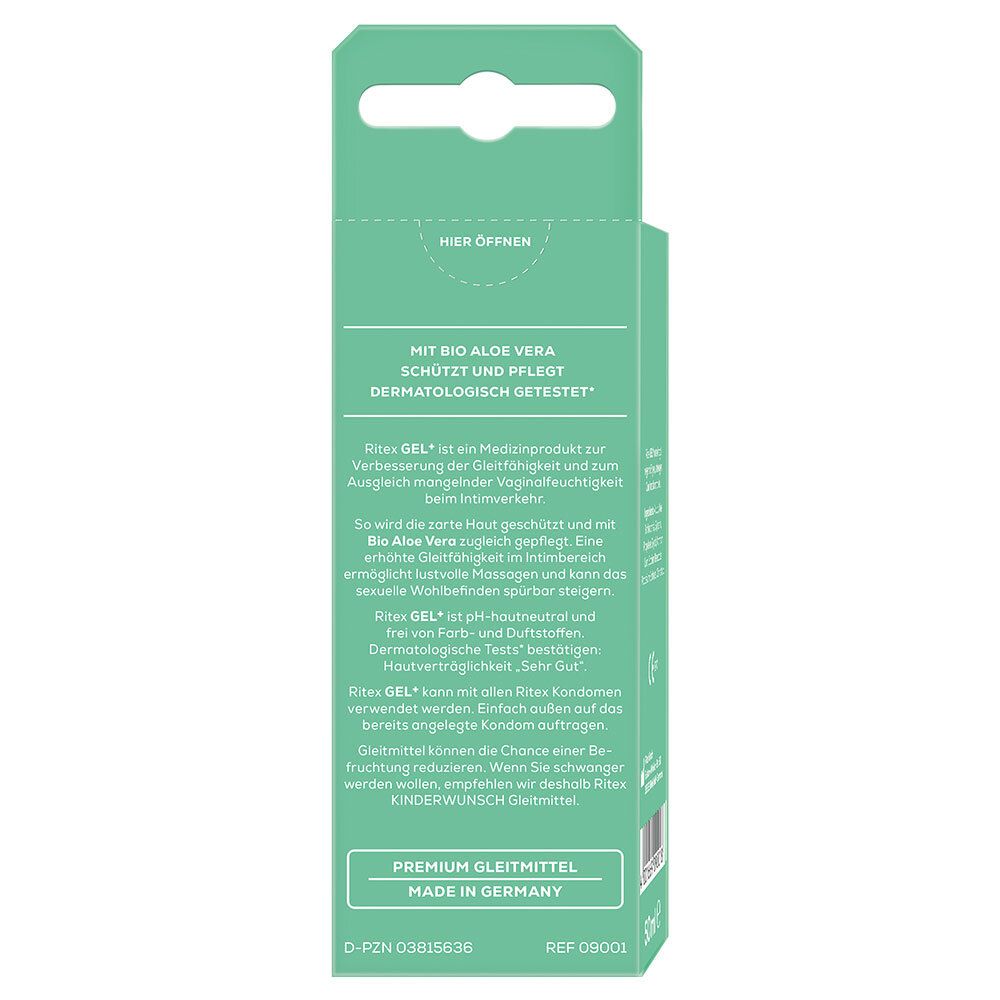 Retro della confezione Ritex GEL+. Testo con ingredienti, durata e certificazioni. 50ml.