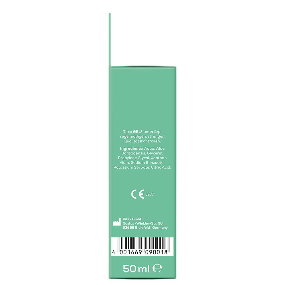 Vista laterale della confezione Ritex GEL+. Testo con ingredienti e certificazioni. 50ml.