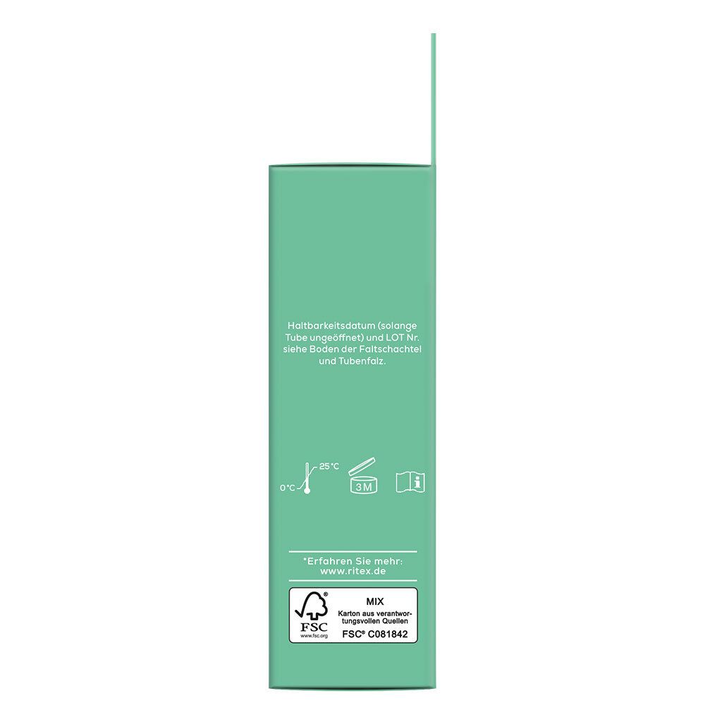 Vista laterale della confezione Ritex GEL+. Testo con durata, marchio FSC e certificazioni.
