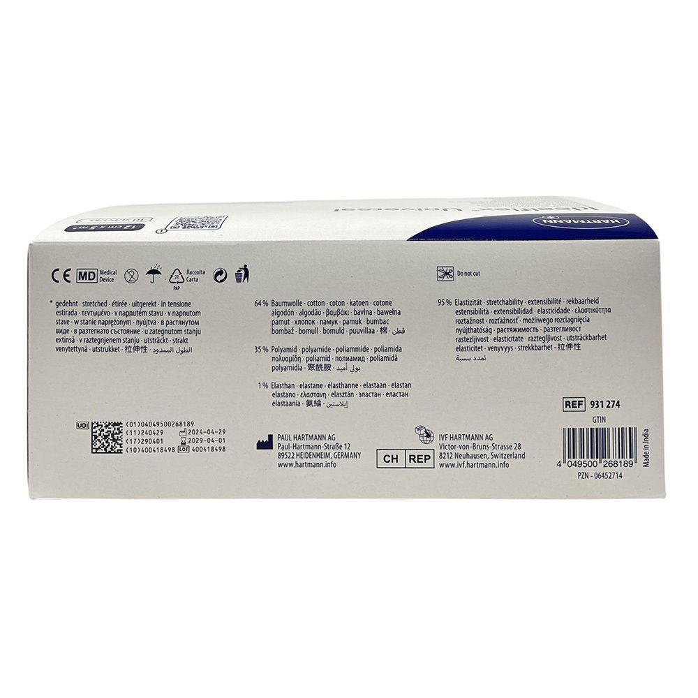 Retro della confezione di bende Idealflex Universal. Contiene informazioni sugli ingredienti e sul produttore.