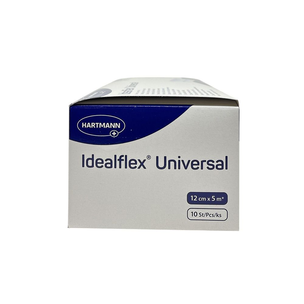 Fronte della confezione di bende Idealflex Universal. Contiene 10 pezzi, 12 cm x 5 m. Marchio Hartmann.