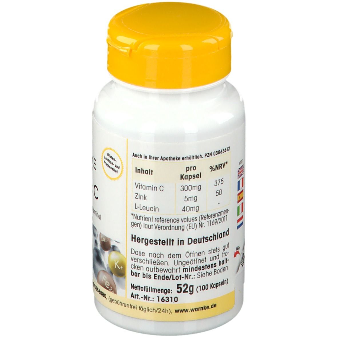 Flacone bianco con tappo giallo. Scritta: WARNKE Zink & C. Ingredienti: Vitamina C, Zinco, L-Leucina. Prodotto in Germania.