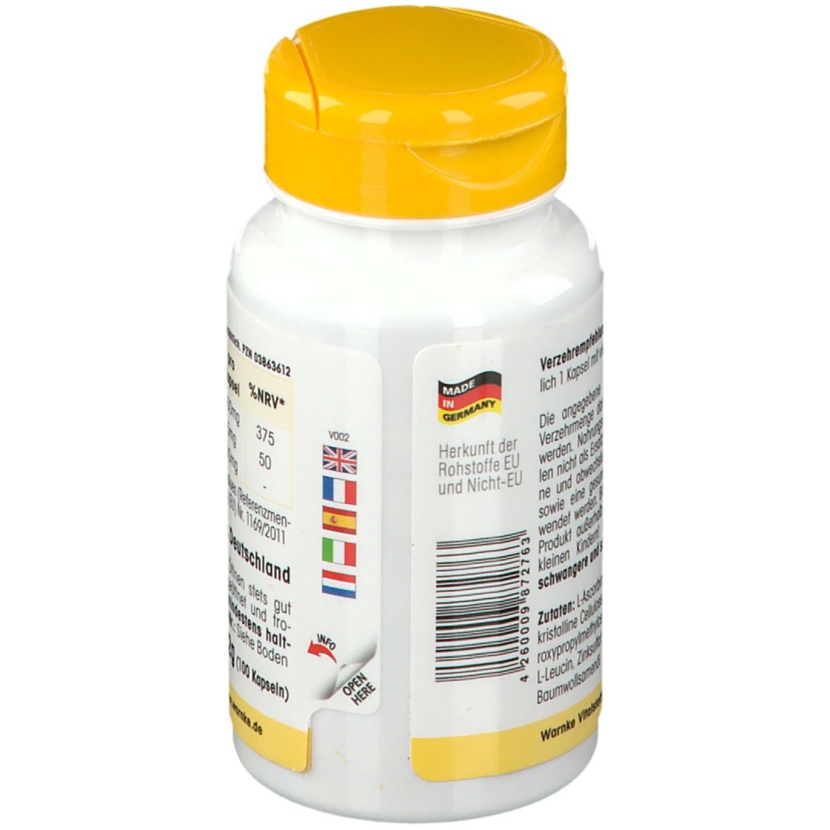 Retro di un flacone bianco con tappo giallo. Scritta: Prodotto in Germania. Con bandiere dei paesi UE.