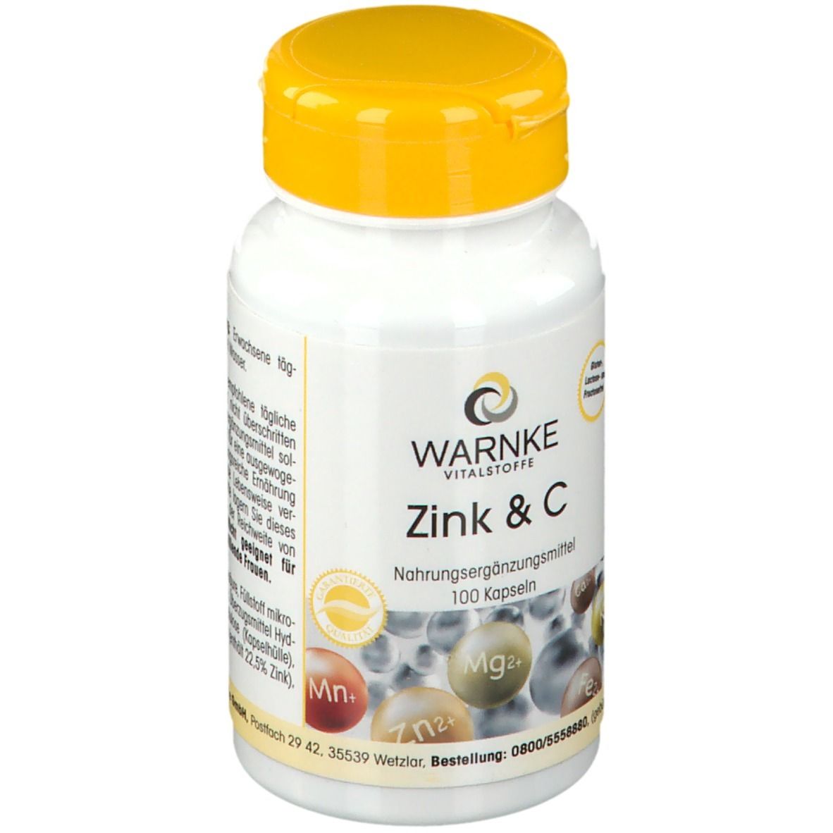 Flacone bianco con tappo giallo. Scritta: WARNKE Zink & C. Integratore alimentare. 100 capsule. Dettaglio ingredienti.