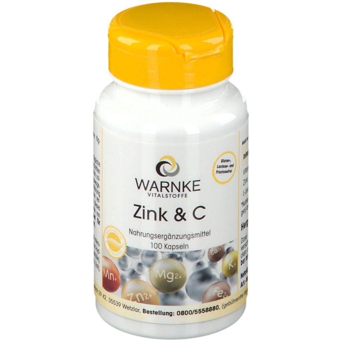Flacone bianco con tappo giallo. Scritta: WARNKE Zink & C. Integratore alimentare. 100 capsule. Dettaglio ingredienti.
