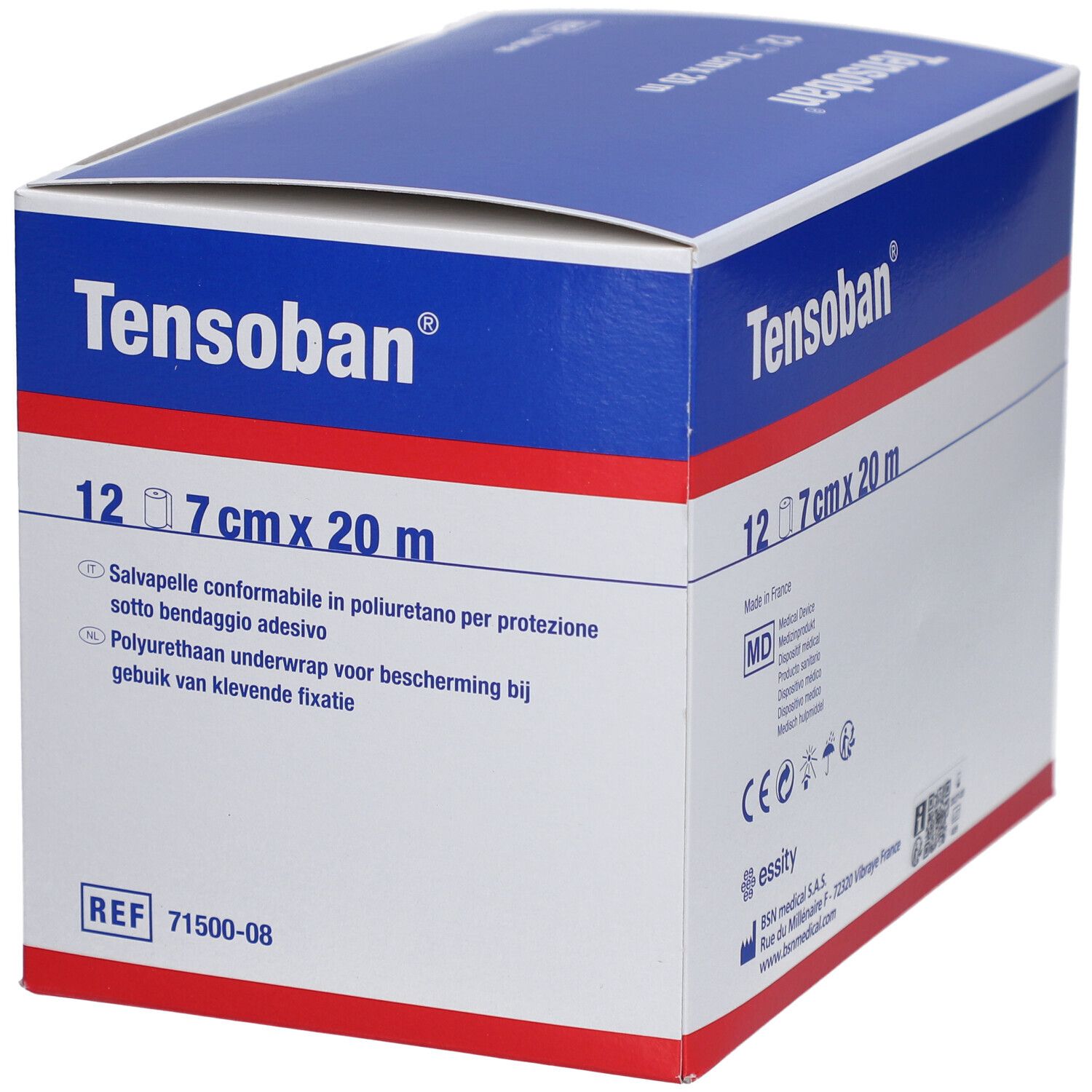 Confezione blu e bianca Tensoban. Scritta: 12 x 7 cm x 20 m. Testo in italiano, inglese e olandese.