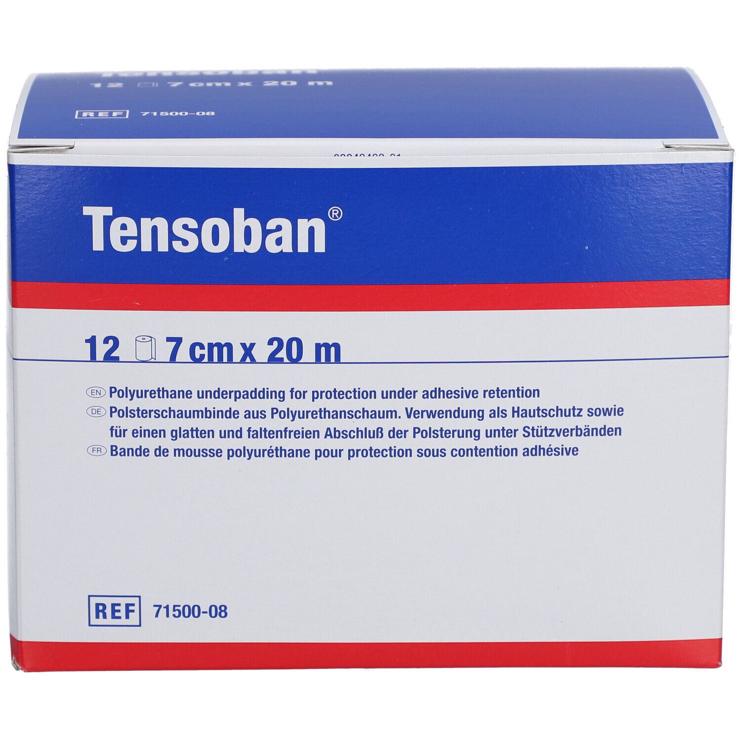 Confezione blu e bianca Tensoban. Scritta: 12 x 7 cm x 20 m. Testo in tedesco, inglese e francese.