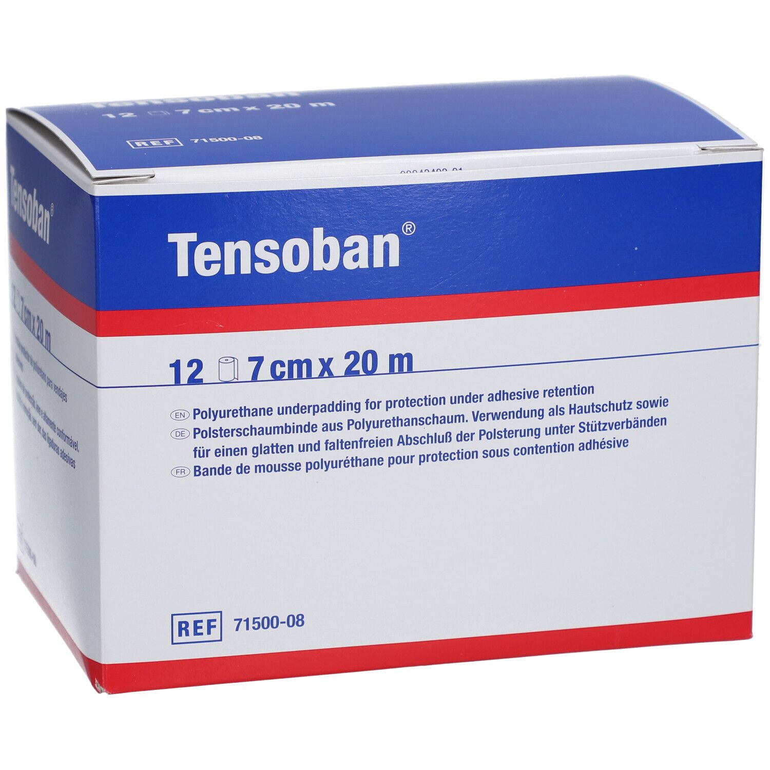 Confezione blu e bianca Tensoban. Scritta: 12 x 7 cm x 20 m. Testo in tedesco, inglese e francese.