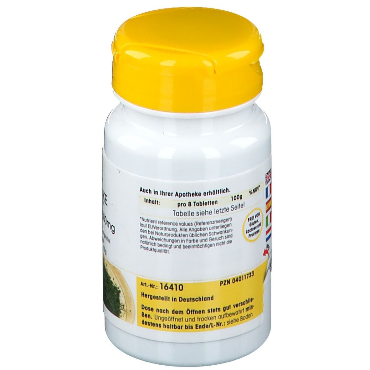Retro del flacone bianco con tappo giallo. Testo in tedesco, inglese, francese, italiano, olandese. Prodotto in Germania.