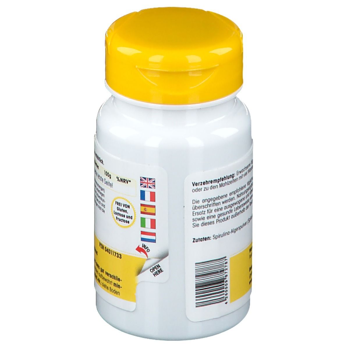 Retro del flacone bianco con tappo giallo. Testo in tedesco, inglese, francese, italiano, olandese. Codice a barre.