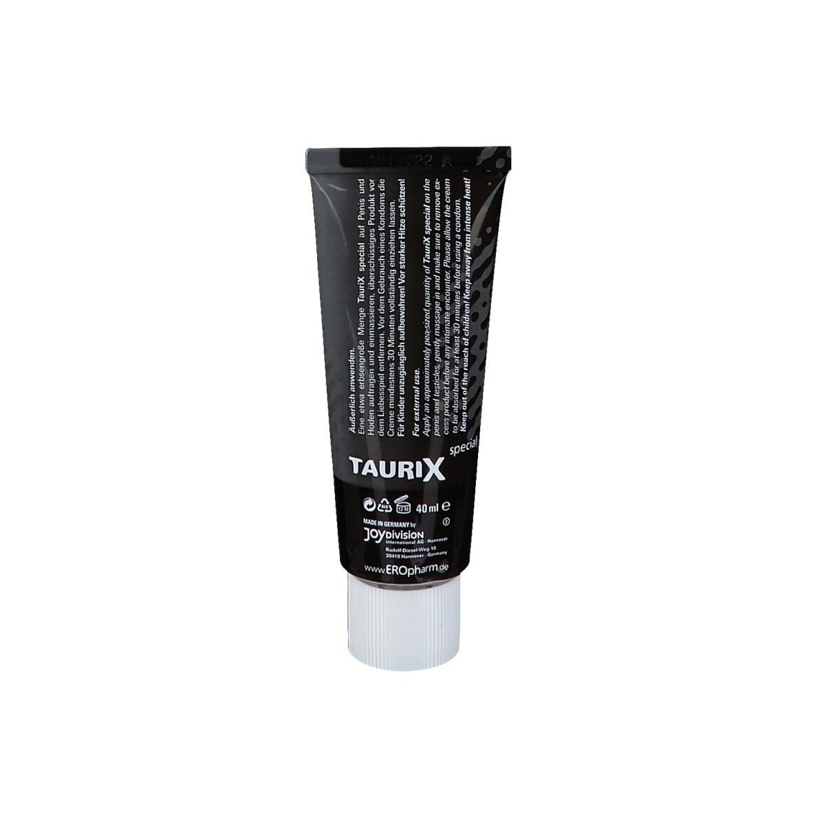 Tubo TAURIX con tappo a vite bianco. Contiene 40 ml. Marca: Joydivision.