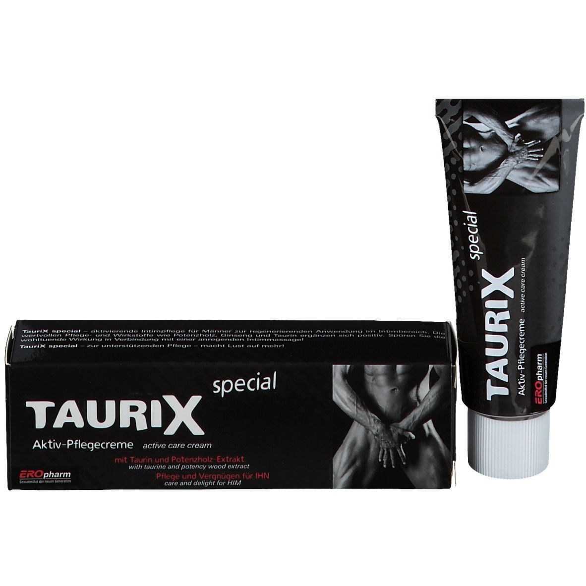 TAURIX special Crema attiva per la cura, tubo e scatola pieghevole con immagini di corpi maschili.
