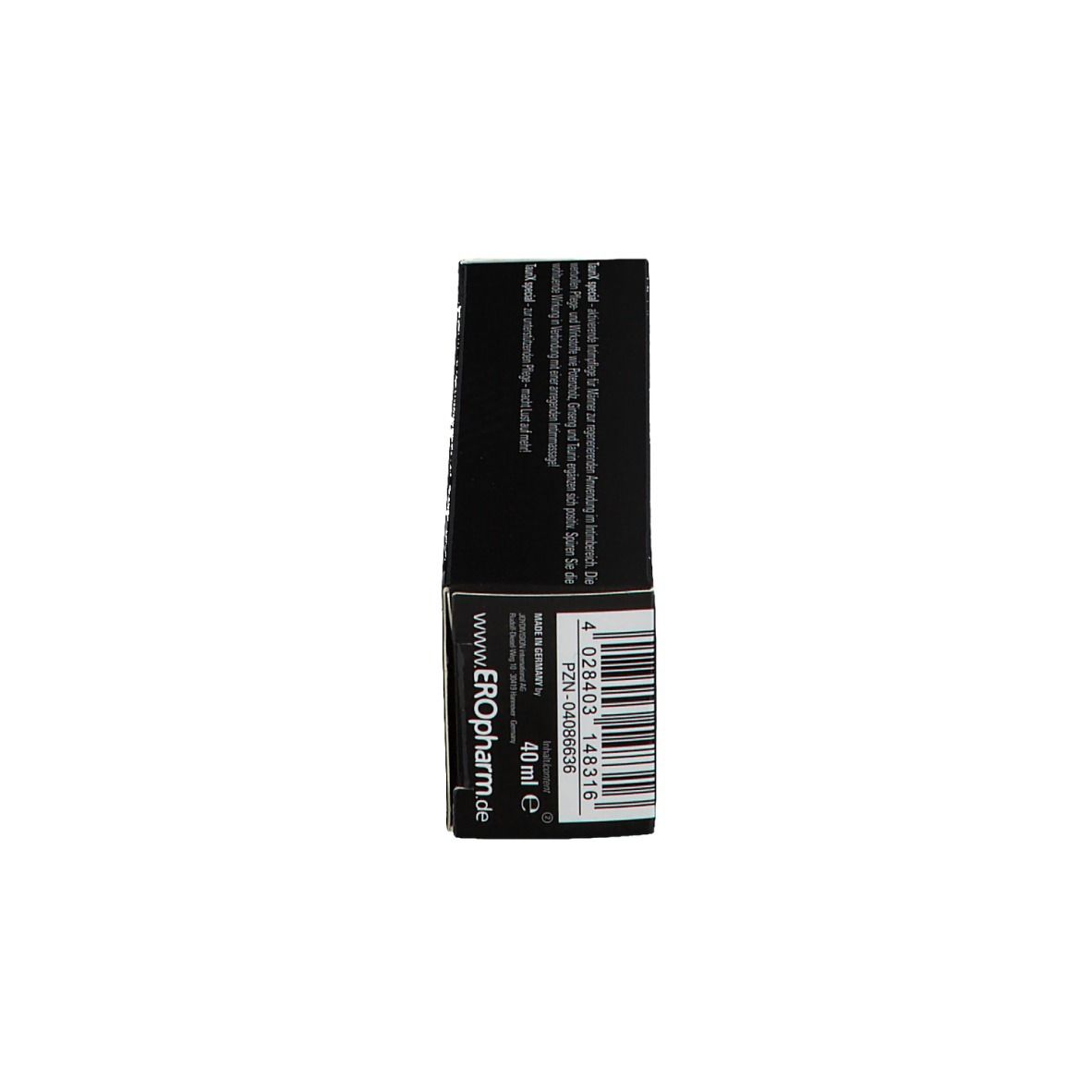 Confezione nera con testo bianco e codice a barre. Contiene 40 ml.
