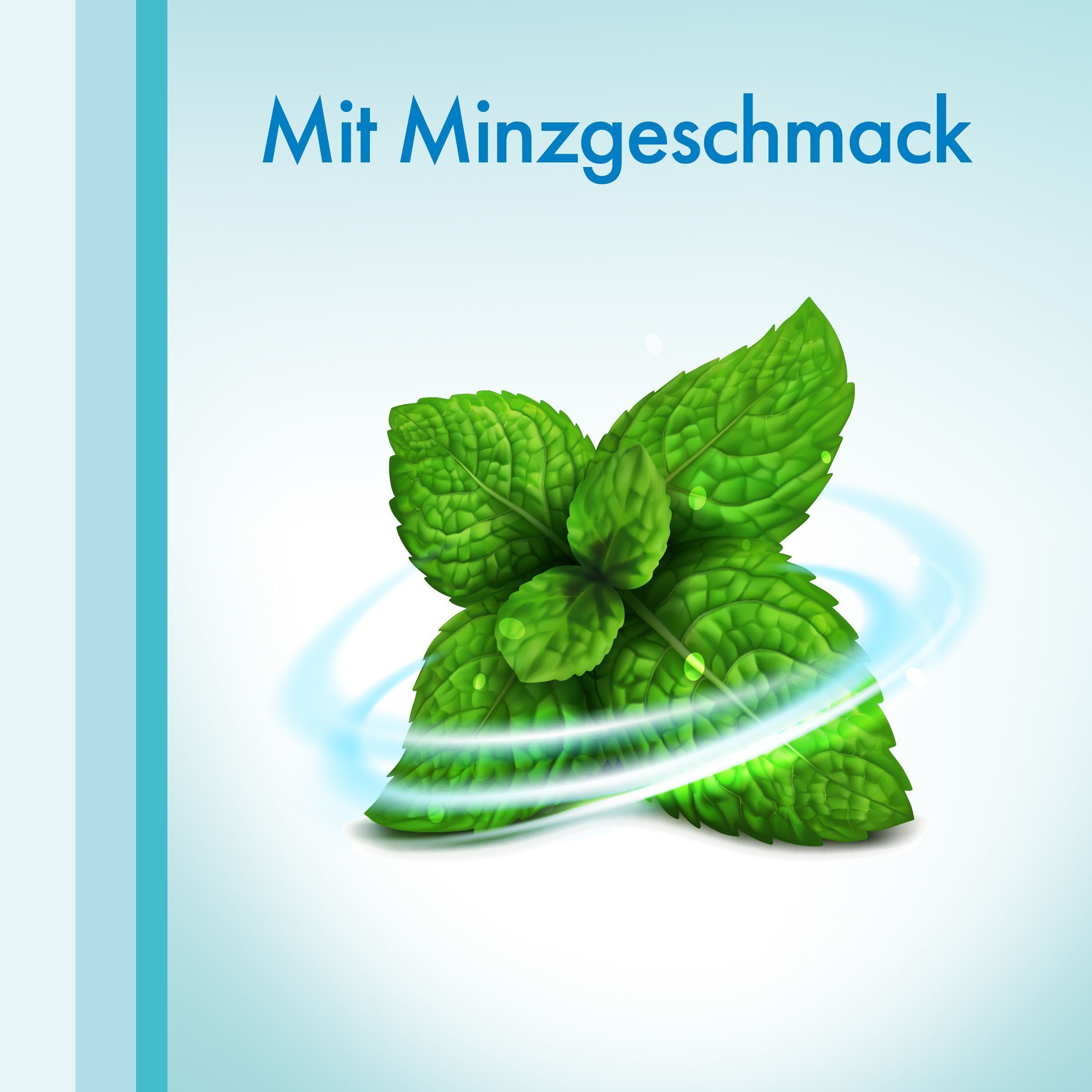 Foglie di menta fresche con vortici blu e la scritta "Gusto menta".