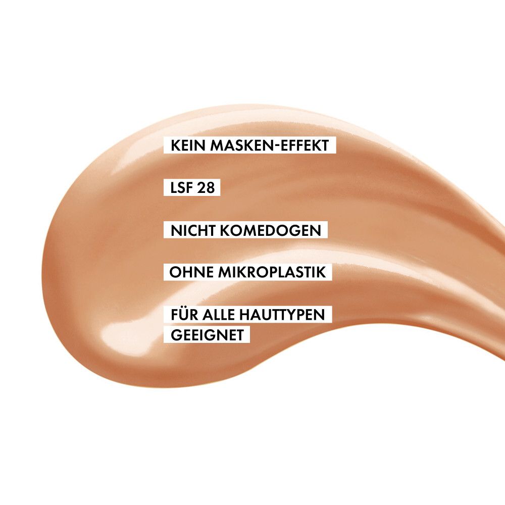 Texture crema pelle chiara con testo: Nessun effetto maschera, SPF 28, Non comedogenico, Senza microplastica, Adatto a tutti i tipi di pelle.