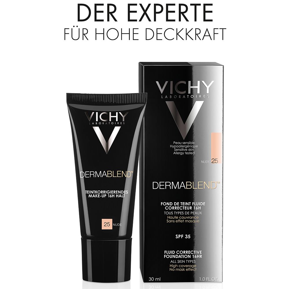 Vichy Dermablend Fondotinta in tubo e scatola, tonalità 25 Nude, SPF 35.