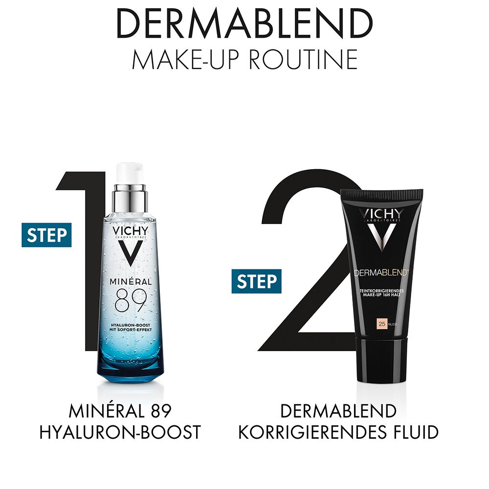 Siero Vichy Minéral 89 Hyaluron-Boost in flacone di vetro con pompa e fluido correttivo Dermablend in tubo nero.