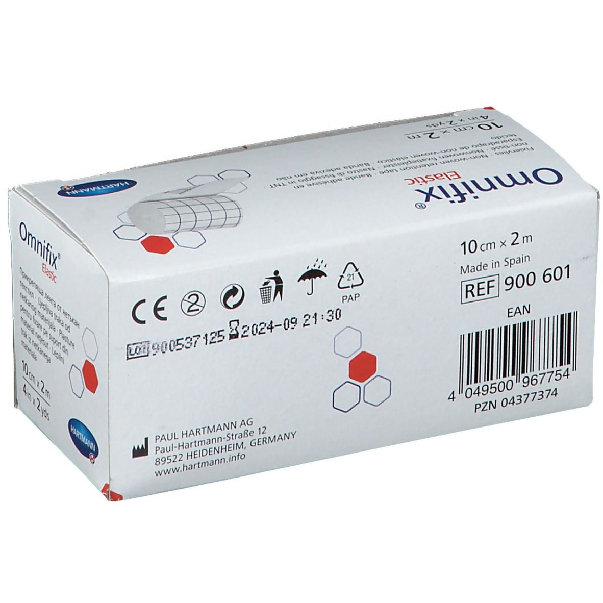 Confezione Omnifix Elastic. Contiene rotolo da 10 cm x 2 m. Nome e marchio visibili. Marchio CE.