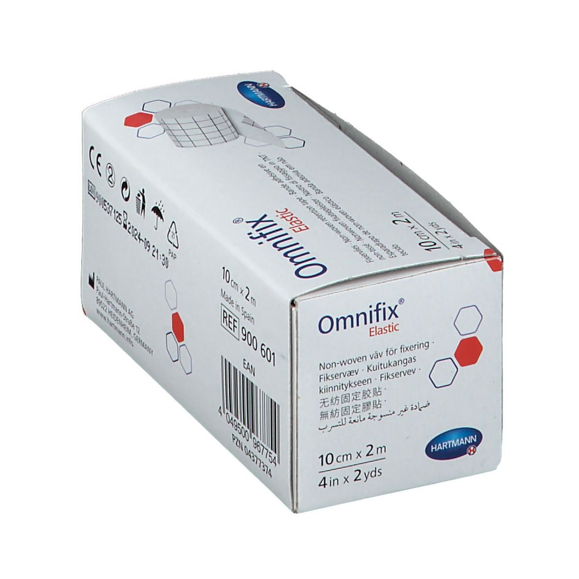 Confezione Omnifix Elastic. Contiene rotolo da 10 cm x 2 m. Nome e marchio visibili. Marchio CE.