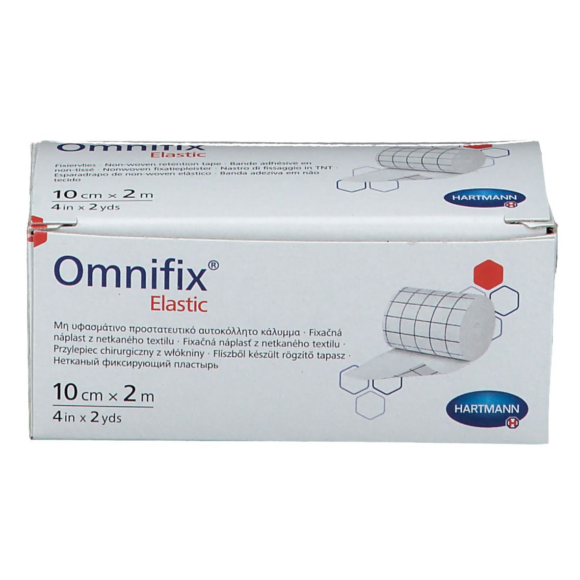 Confezione Omnifix Elastic. Contiene rotolo da 10 cm x 2 m. Nome e marchio del prodotto visibili.