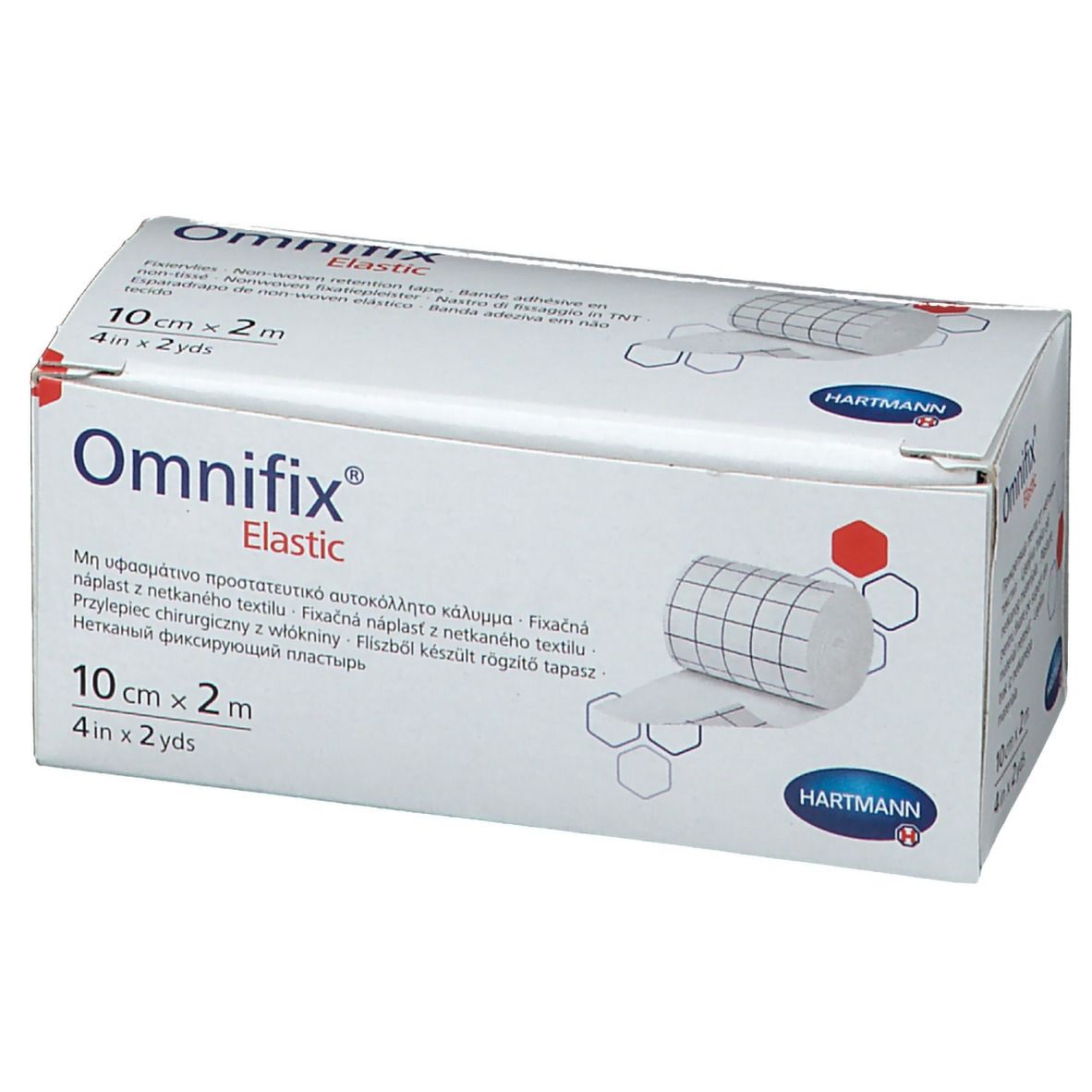 Confezione Omnifix Elastic. Contiene rotolo da 10 cm x 2 m. Nome e marchio del prodotto visibili.