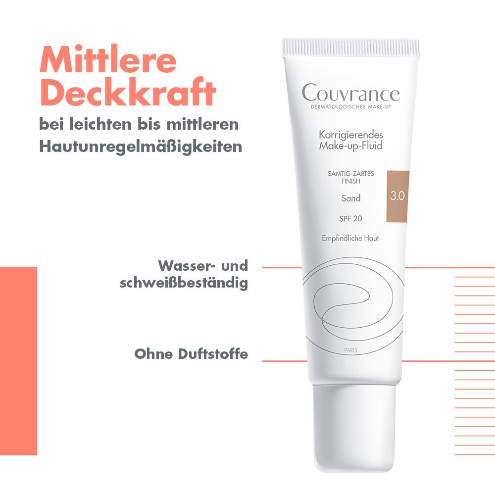 Fluido correttore Couvrance, tonalità 3.0 Sabbia, SPF 20. Resistente all'acqua e al sudore.