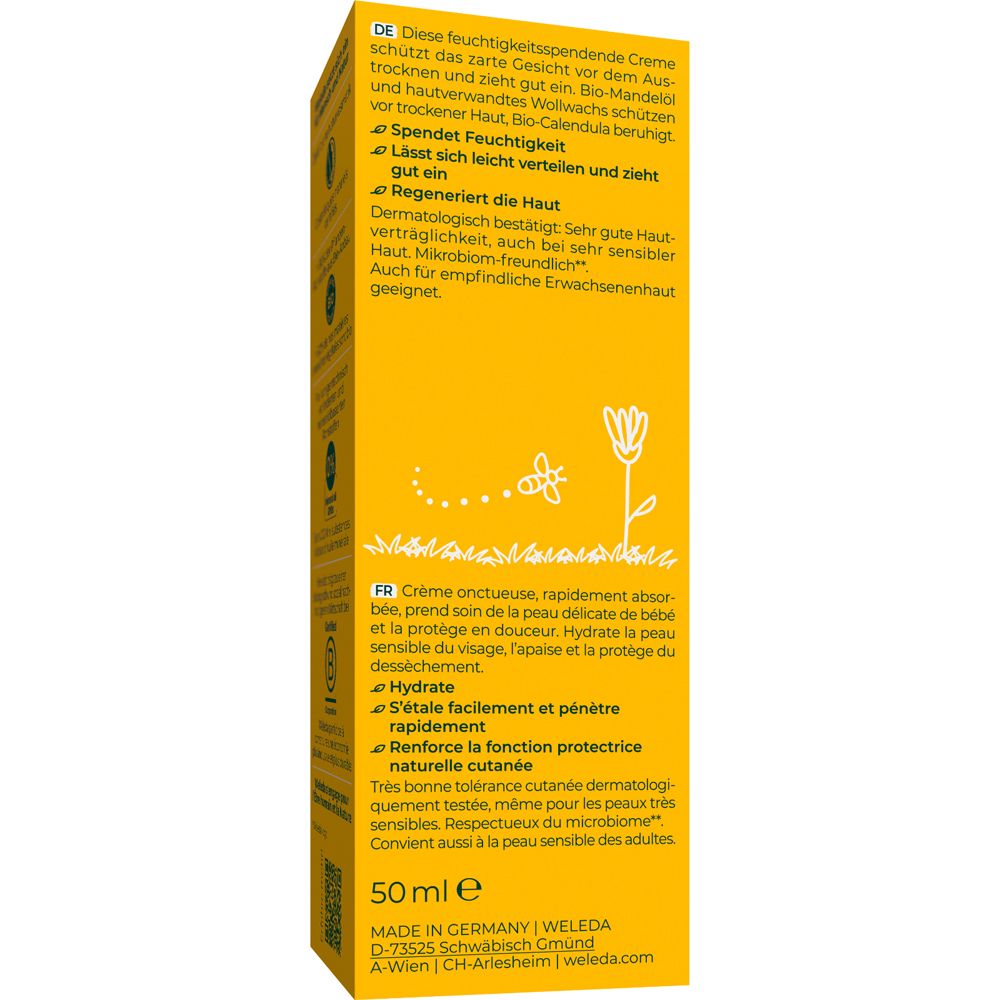 Weleda Baby Crema Viso, tubo. Giallo, con testo e fiori.